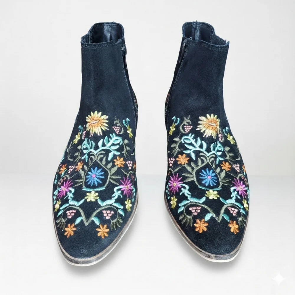 Diba Size 8.5 Booties Embroidered Black Suede Leather Rainbow Floral Western